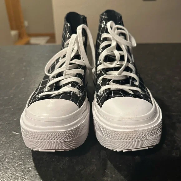 Converse Women's Black & White Plaid High-Top Platform Sneakers - Picture 2 of 8